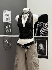 StreetHx 女式黑色亮片细肩带吊带背心，夏季 - 黑色 - 查看 5