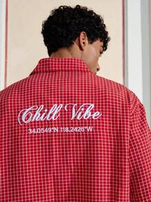 SWAVVY Men's Letter & Plaid Print Short Sleeve Casual Single-Breasted Shirt