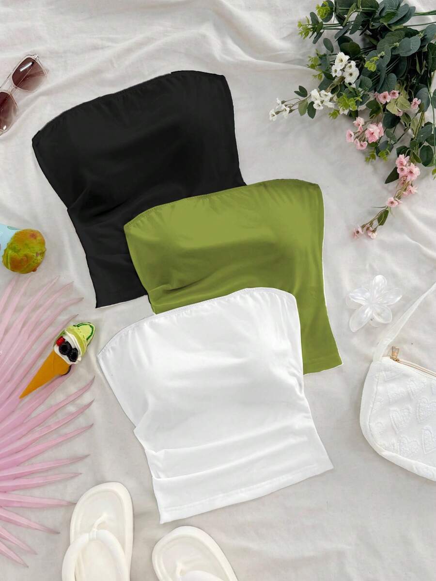 Soleia Bộ 3 áo ống bó sát màu trơn đơn giản dành cho nữ, thích hợp cho mùa hè - Nhiều màu - Xem 1