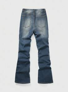 ROMWE MEN Anime Men's Washed Dragon Pattern Embroidered Denim Jeans - Blue - View 2