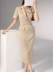 Heiryn Đầm Blazer Tay Ngắn Cổ Quấn Eo Thanh Lịch - Màu Khaki - Xem 1