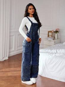 SHEIN ICON Casual Fashion Versatile Pocket Wide Strap Women Denim Overalls - Dark Wash - View 7