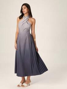 Modelyn Women's Ombre Pleated Hem Criss-Cross Neck Elegant Mid-Length Dress