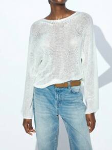 Maija 女士纯色圆领宽松休闲毛衣 - 白色 - 查看 7