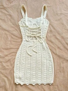 Soleia Women's Vacation Knit Textured Fabric Ocean Shell Mini Dress, Sexy Party Date Beach Holiday Summer Outfit, Suitable For Holiday Date, Afternoon Tea, Wedding Season, Beach Cruise Vacation, City Road Trip Vacation, Boho Vacation, Music Festival Crochet Dress Crochet Summer Dress Crochet Dresses For Women - Apricot - View 2