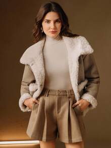 Anewsta 女士时尚仿保暖内衬夹克，秋冬 - 卡其色 - 查看 4