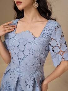 DAZY 优雅蕾丝方领泡泡袖中长连衣裙，适合夏季女士穿着 - 藍色 - 查看 6