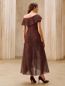 Anewsta Women's Shiny Wavy Ruffle Knit One-Shoulder Dress - Brown - View 2