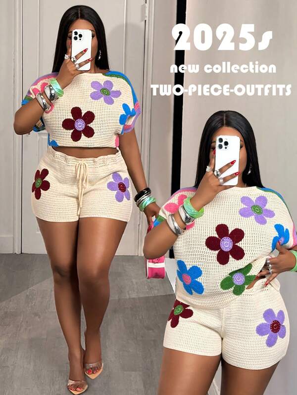 Slaydiva 2025 Autumn/Winter New Plus Size Women Street Style/College/Casual Everyday Loose Fuchsia Pink Knitted Cartoon Flower Round Neck Drop Shoulder Long Sleeve H-Silhouette Pullover Sweater