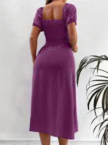 EURMUSE Women's Solid Color Square Neck Short Puff Sleeve Front Tie Side Slit Hem Elegant Dress - Violet Purple - View 2