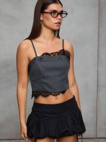 TypaGal Grey Summer Elegant Night Out Women's Cropped Pinstripe Cami Top,Black Lace Trim,Grunge Punk Streetwear,Y2k 2000s Style Flirty Soft Feminine Clothes - Black - View 1