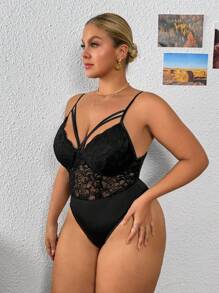 SHEIN PETITE CURVE Plus Size Sexy Contrast Lace Hollow Out Sleeveless Bodysuit, Summer - Black - View 3