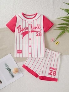 Conjunto de top de manga corta con rayas y shorts para niña, ropa de dormir casual adecuada para uso al aire libre - Rosa Fucsia - Ver 1