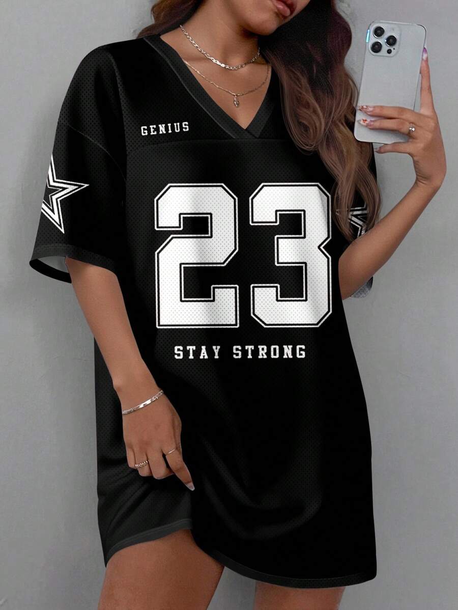 SHEIN EZwear 女式休闲运动V领网眼宽松迷你连衣裙，适合夏季运动比赛，拼色，23号印花 - 彩色 - 查看 1
