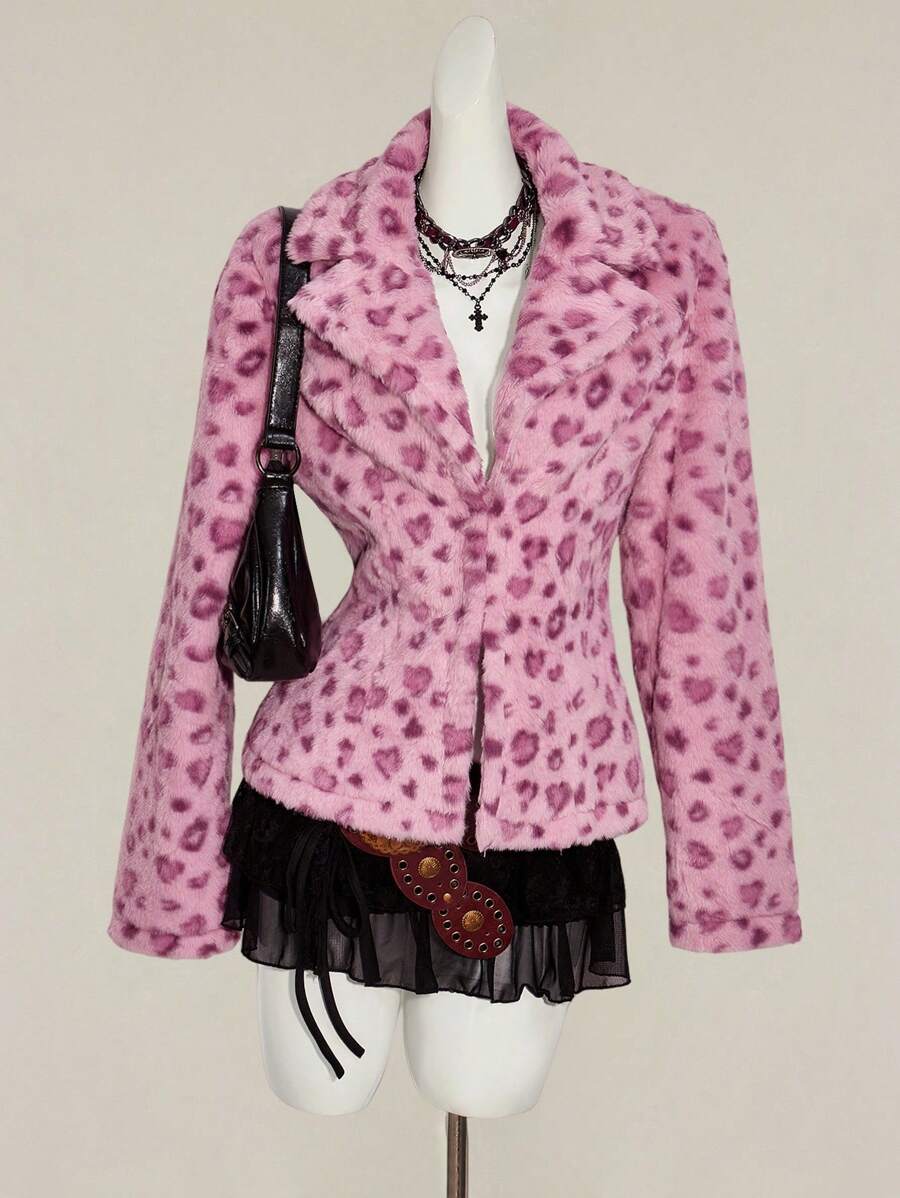 SHEIN ICON 女士新款秋冬豹纹翻领开衫兔毛外套，复古风 - 粉色 - 查看 1