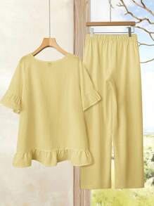 EMERY ROSE Conjunto de 2 piezas de talla grande de lino estilo campestre: camisa blanca y pantalones, ropa de moda minimalista, conjuntos de primavera y verano para mujer