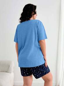 EURMUSE Plus Short Sleeve Moon With Lettered Short Sleeve And Contrast Colour Star Patten Wit H Lettuce Trim Shorts Homewear Pajama Set - Blue - View 2