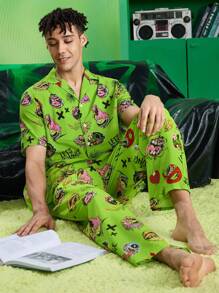 MADBALLS X SHEIN 男士夏季全印花翻领短袖衬衫和裤子家居服套装