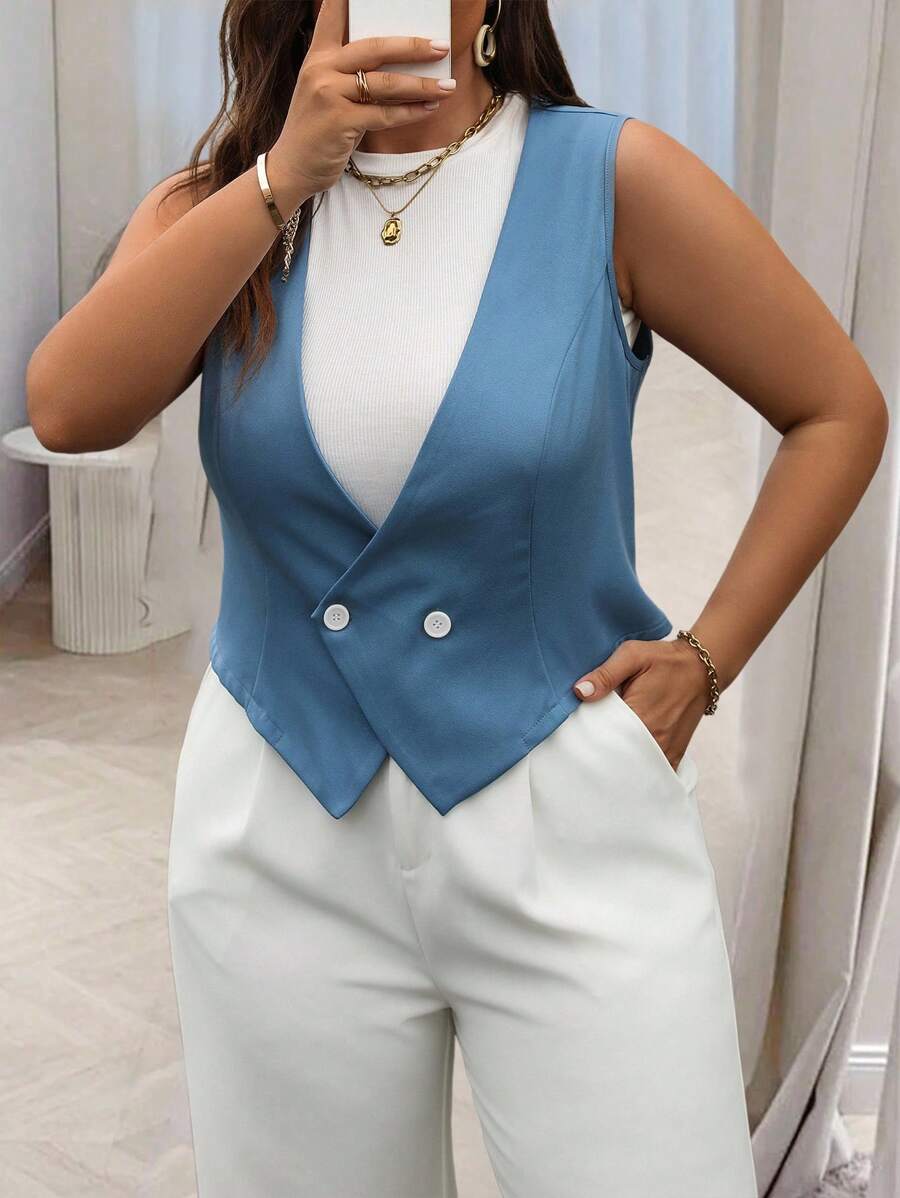 SHEIN Unity Plus Double Breasted Vest Blazer - Blue - View 1