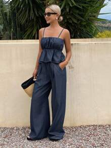 DAZY 女士优雅水洗褶皱吊带背心和阔腿牛仔裤套装度假装 - 深色水洗藍 - 查看 4