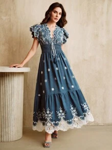 Anewsta 复古刺绣蕾丝拼布V领短袖收腰长裙 - 藍色 - 查看 3