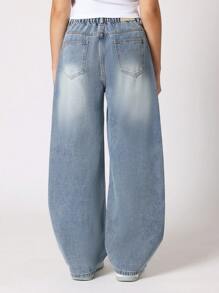 SUMWON 青少年女孩宽腿宽松牛仔裤 宽松筒形 Y2K 时尚秋冬超舒适宽松休闲街头服饰 - 藍色 - 查看 2