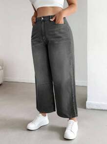 EURMUSE 大码弹性腰部膝盖褶皱直筒牛仔裤 - 淺灰色 - 查看 5