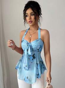 Elenzga Áo hai dây buộc eo in họa tiết giải trí và ngày lễ cho nữ mùa hè lưới co giãn gợi cảm hở lưng gợi cảm - Nhiều màu - Xem 4