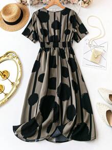 EMERY ROSE 大码波尔卡圆点印花V领收腰连衣裙长款女装