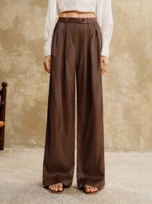Arave Pantalones casuales plisados de diseño de cuero sintético estilo francés holgado para ir al trabajo, vuelta al colegio, otoño, primavera - Café integral - Ver 4