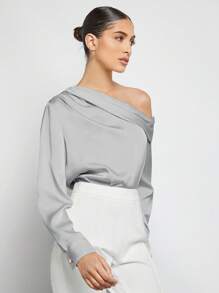 BizChic 春夏新款不对称设计褶皱肩部宽松长袖缎面衬衫，现代优雅都市通勤日常浪漫90年代复古风圣诞节新年情人节派对海滩毕业时尚嘉年华假日百搭简约浪漫风，适合婚礼宾客、主人、约会、派对、音乐会、早午餐、机场等多种场合。 - 灰色 - 查看 9