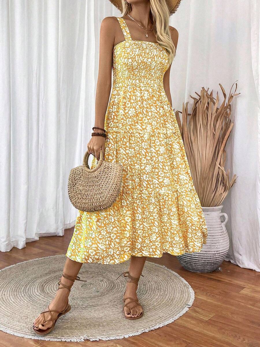 Breezaya 女士休闲碎花细肩带连衣裙，适合度假穿着 - 黃色 - 查看 1