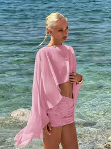 Sweetina 女士宽松度假休闲披肩衬衫，多种穿法 - 垂坠领口、露背、系带 - 粉色 - 查看 10