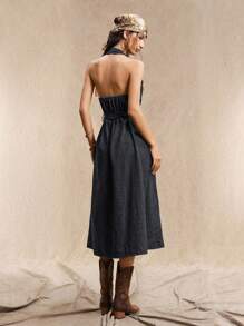 Easelle 女式复古休闲挂脖系带侧开衩牛仔连衣裙 - 藍色 - 查看 7