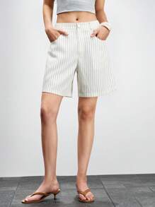 Lumivelle Shorts amples à rayures décontractés avec poches pour femmes, vêtements pour l'université - Nude - Voir 1