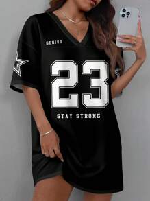 SHEIN EZwear 女式休闲运动V领网眼宽松迷你连衣裙，适合夏季运动比赛，拼色，23号印花 - 彩色 - 查看 6