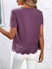 SHEIN Clasi Women's Casual Scoop Neck Short Sleeve Printed Shirt, Spring/Summer - Purple - View 2