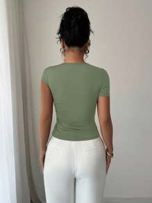 Elenzga 女士优雅不对称领口3D玫瑰金金属纽扣缀饰短袖T恤 - 綠色 - 查看 2