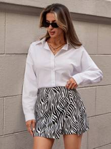 SHEIN Tall Size Women Multicolor Solid Commuter Zebra Print Split Skirt Casual Shorts - Multicolor - View 6