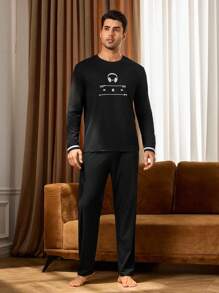 Manfinity Underwear&Sleepwear Basics 男士耳机印花长袖上衣和裤子睡衣套装，秋冬服装 - 黑色 - 查看 5