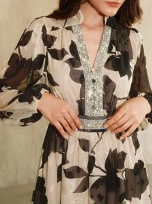 Anewsta Women's Autumn Heavily Embellished Rhinestone Decor V-Neck Elegant Printed Music Festival Party Long Sleeve Black & Apricot Dress - Black - View 3