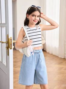 SHEIN Tween Girls Spring Summer Basic Casual Light Washed High Waisted Loose Fit Ruffle Waist Drawstring Denim Long Shorts With Bowknot And Rolled Hem Pockets,Girls Summer Beach Boho Vacation Comfortable Shorts Outfits,Summer Rave Concert Festival College Style Outfits - Light Wash - View 3