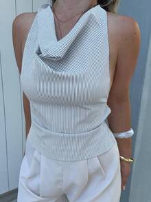 Jeta Ari Striped Deep V-Neck Halter Backless Bowknot Up Fashionable Sexy Women Shirt