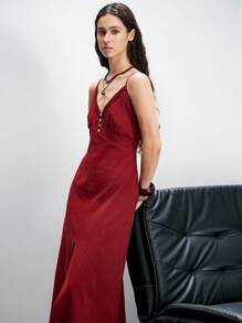 Lumivelle Women's Burgundy Summer Chic Cotton Maxi Dress, Deep V-Neck Spaghetti Strap High Slit Long Dress,Boho Dinner Date Elegant A-Line Vacation Resort - Burgundy - View 6