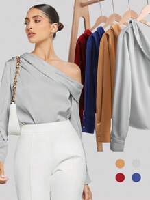 BizChic 春夏新款不对称设计褶皱肩部宽松长袖缎面衬衫，现代优雅都市通勤日常浪漫90年代复古风圣诞节新年情人节派对海滩毕业时尚嘉年华假日百搭简约浪漫风，适合婚礼宾客、主人、约会、派对、音乐会、早午餐、机场等多种场合。 - 灰色 - 查看 3