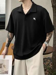 Manfinity Dauomo 男士刺绣黑色纽扣休闲宽松短袖 Polo 衫 - 黑色 - 查看 5