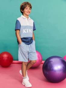 SHEIN 青少年男孩休闲拼布撞色 Polo 衫和短裤套装 - 藍色 - 查看 1