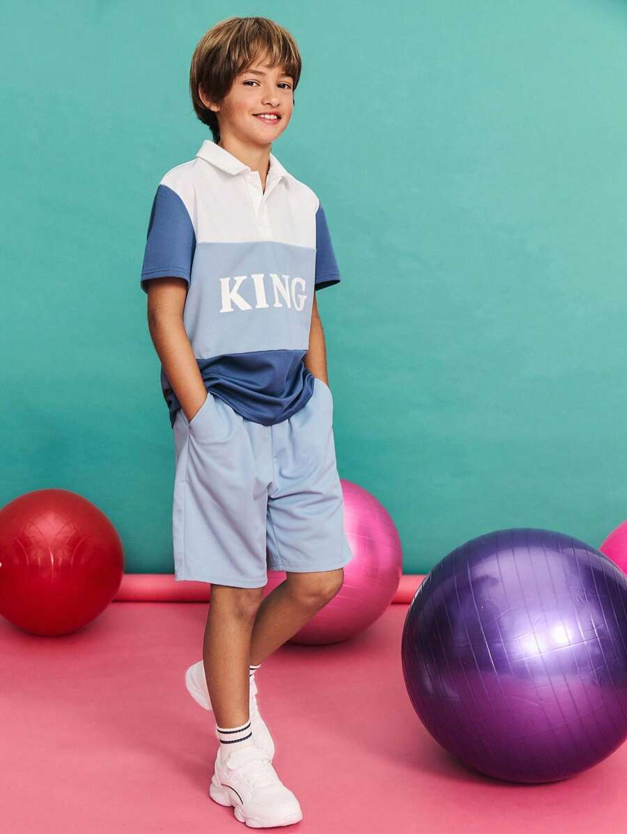 SHEIN 青少年男孩休闲拼布撞色 Polo 衫和短裤套装 - 藍色 - 查看 1