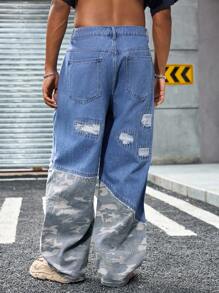 Manfinity EMRG Quần jean nam ống rộng thời trang đường phố, họa tiết chắp vá ngụy trang, phong cách Emo - Màu xanh lam - Xem 2