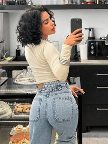 EURMUSE 女式中腰口袋阔腿宽松休闲百搭牛仔裤 - 中等水洗藍 - 查看 3